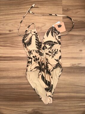Shade & Shore Beige One-Piece Swimsuit with Black Palm Print